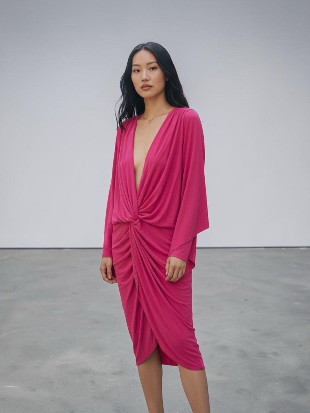 Misa Los Angeles Fuchsia Knot-Front Midi Dress